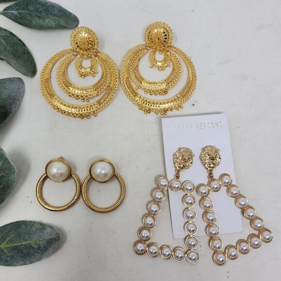 Large Gold Tone Faux Pearl Drop Dangle Earring Lot AEL40a - Picture 2 of 7